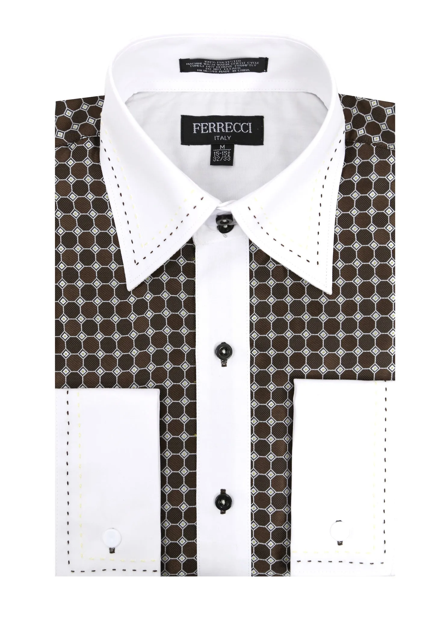 Ferrecci Men's Satine Hi-1022 Brown Circle Pattern Button Down Dress Shirt
