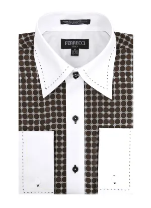 Ferrecci Men's Satine Hi-1022 Brown Circle Pattern Button Down Dress Shirt
