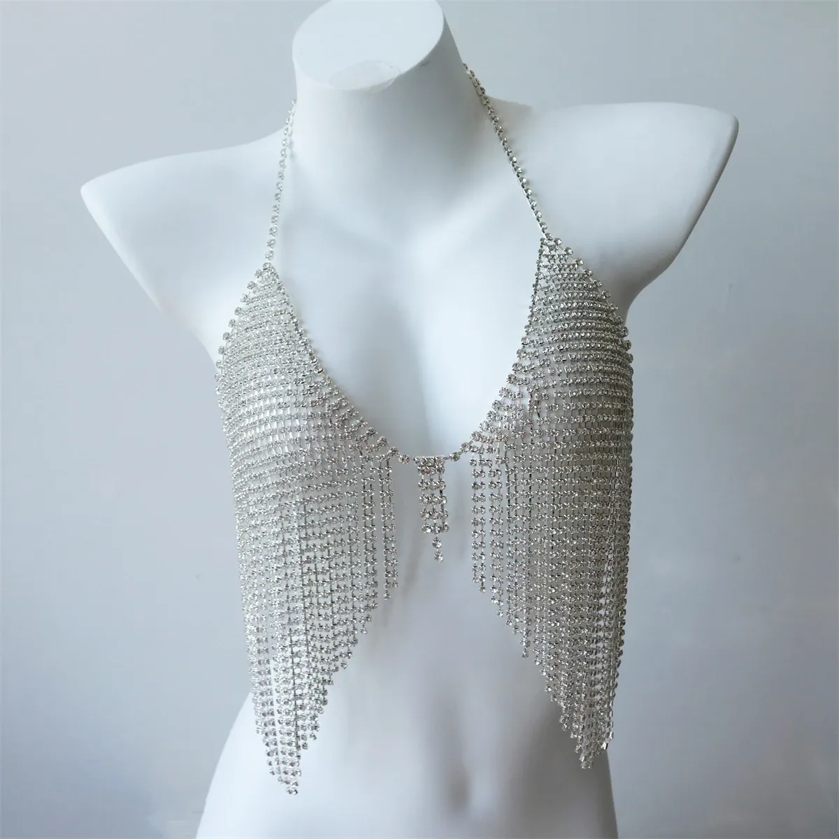 Festival Chic: Luxury Sexy Long Tassel Rhinestone Bra Chain Body Harness - Crystal Top Body Jewelry
