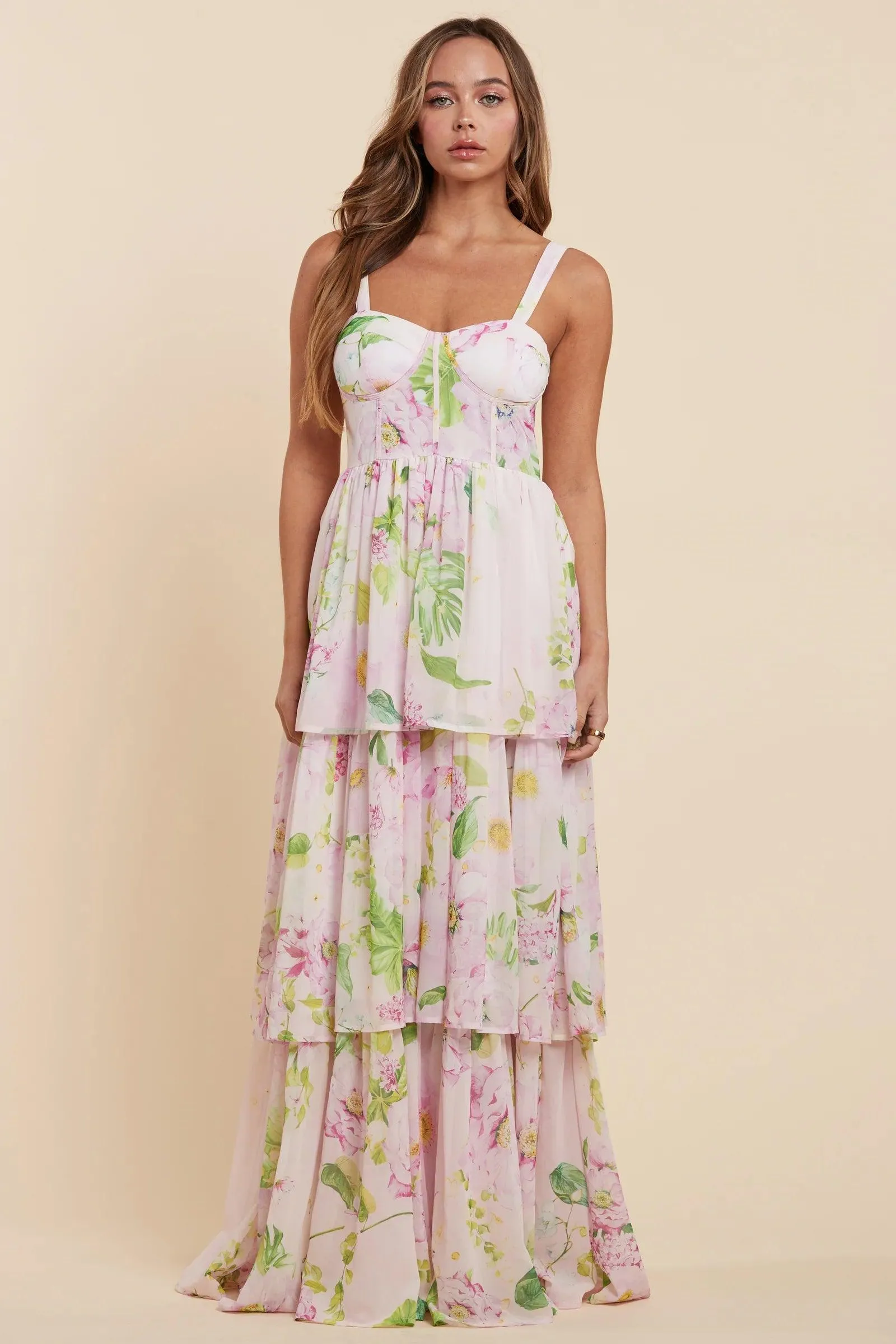 FLOWER PRINT CORSET STYLE MAXI DRESS