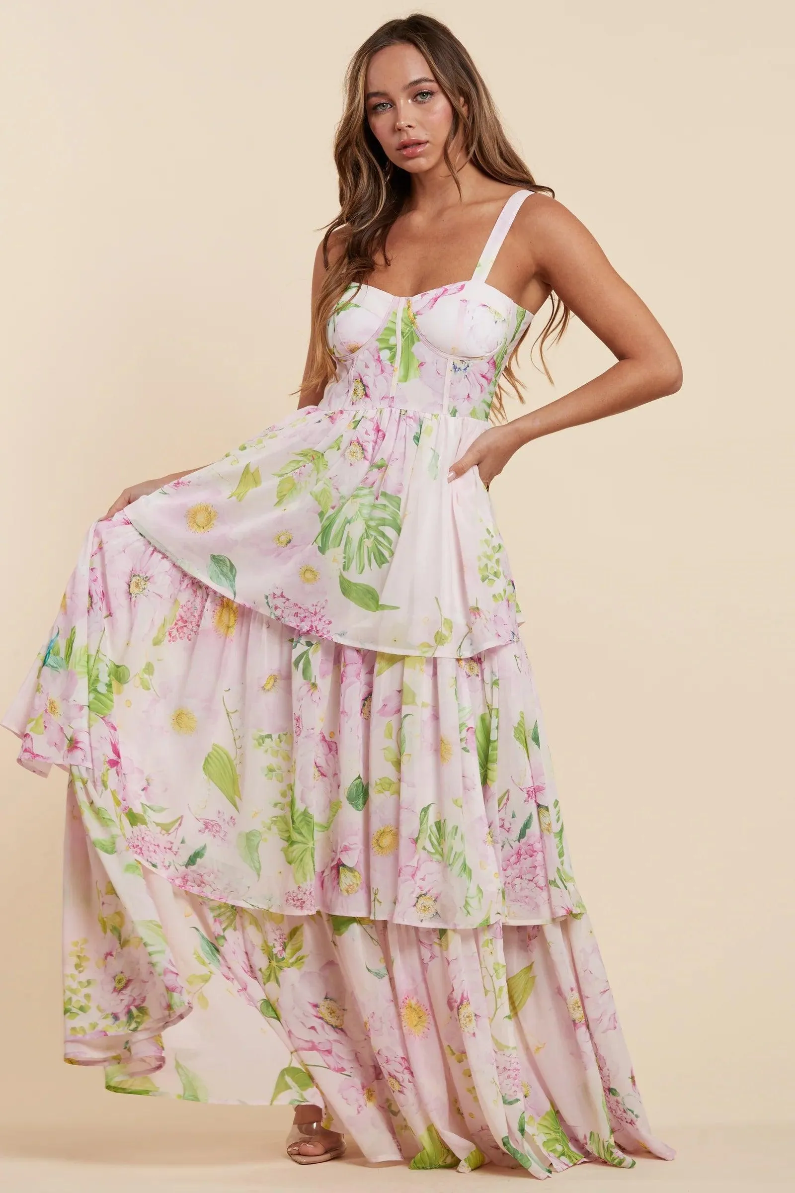 FLOWER PRINT CORSET STYLE MAXI DRESS