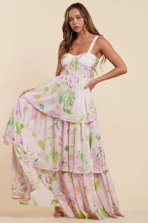 FLOWER PRINT CORSET STYLE MAXI DRESS
