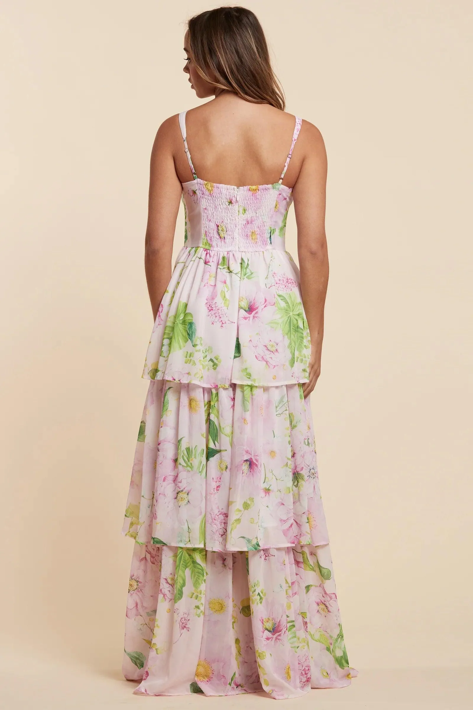 FLOWER PRINT CORSET STYLE MAXI DRESS