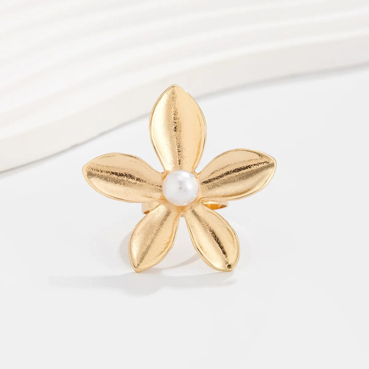 French Chunky Gold Silver Plated Pearl Flower Ring