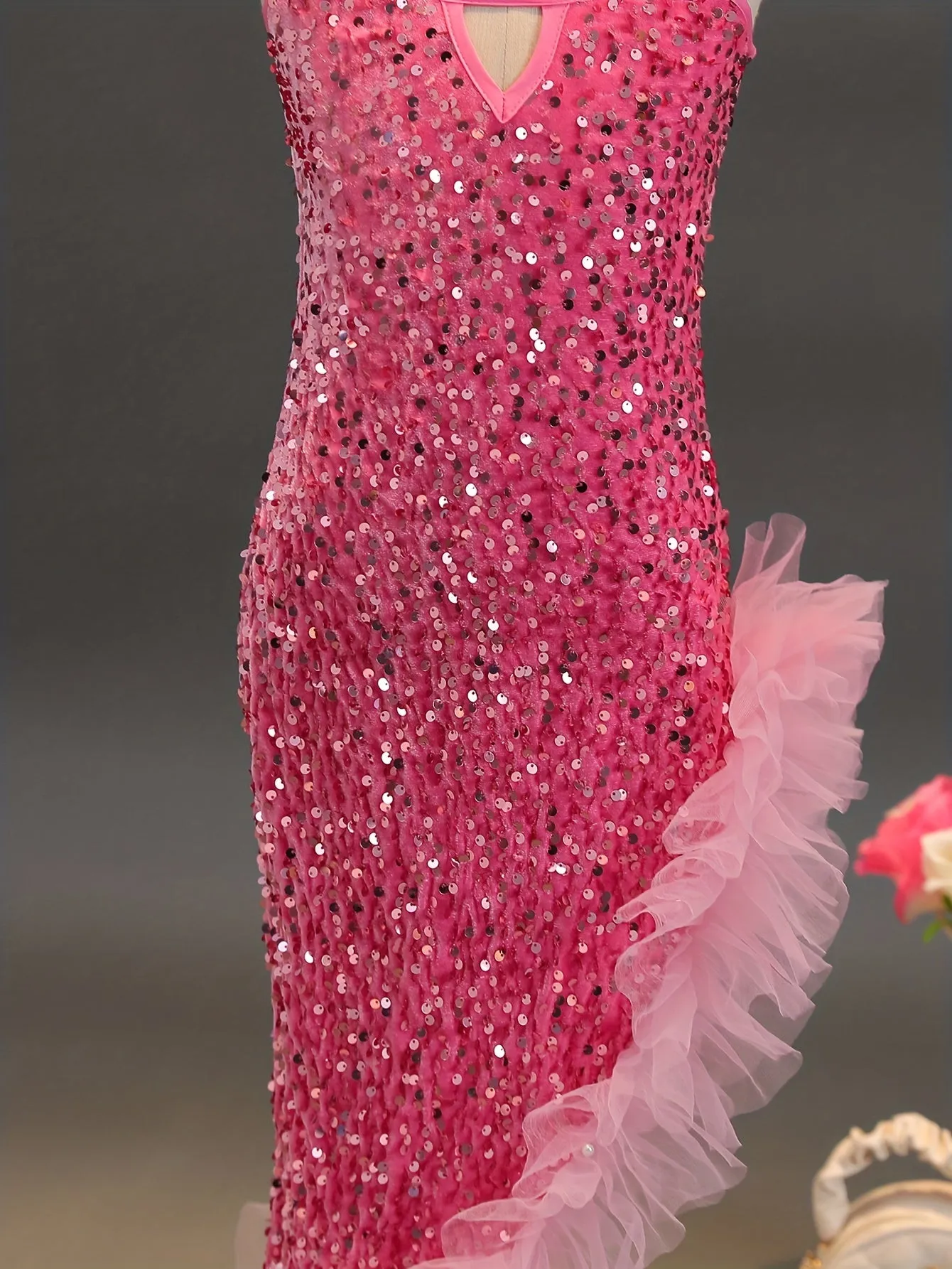 Girls Dazzling Sparkly Bodycon Dress - Thin Spaghetti Straps, Body-Hugging Fit, Asymmetrical Tulle Hem, Seductive Cutout Detail - Perfect for Prom, Formal Events, and Parties