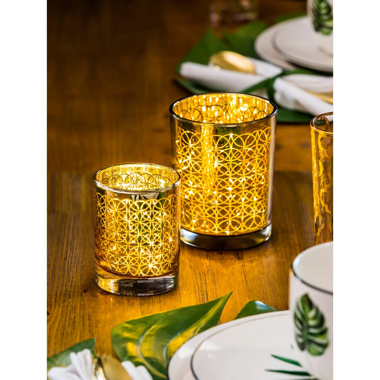Glass Candle Holder Nested (Set of 2) Dimensional Gold Pattern