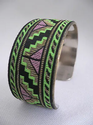 Gold Metal Cuff African Drawing Bracelet Green Color Adjustable