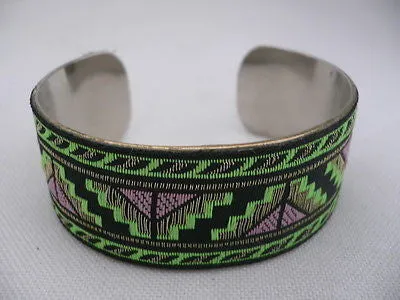 Gold Metal Cuff African Drawing Bracelet Green Color Adjustable