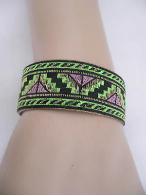 Gold Metal Cuff African Drawing Bracelet Green Color Adjustable