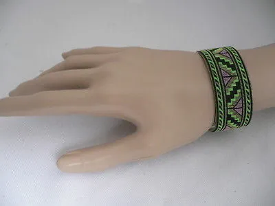 Gold Metal Cuff African Drawing Bracelet Green Color Adjustable