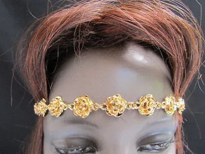 Gold Metal Elastic Head Chain Multi Flowers Leaves Hair