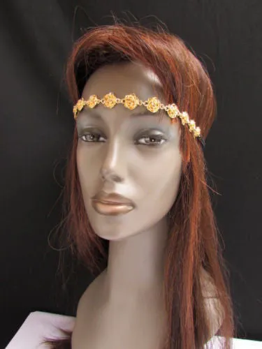 Gold Metal Elastic Head Chain Multi Flowers Leaves Hair