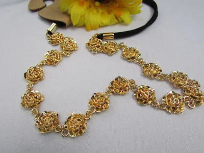 Gold Metal Elastic Head Chain Multi Flowers Leaves Hair