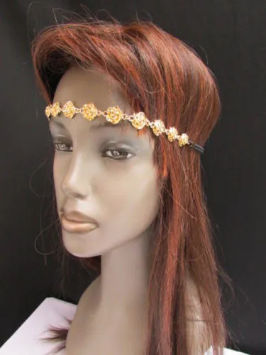 Gold Metal Elastic Head Chain Multi Flowers Leaves Hair