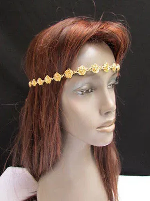 Gold Metal Elastic Head Chain Multi Flowers Leaves Hair