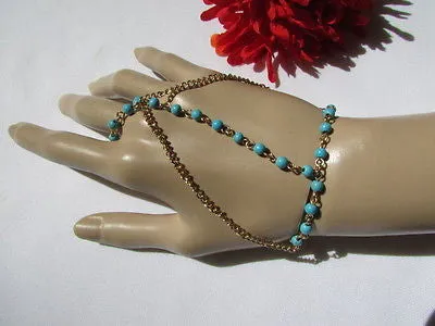 Gold Metal Hand Chain Bracelet 3 Strands Chain Sky Blue Beads
