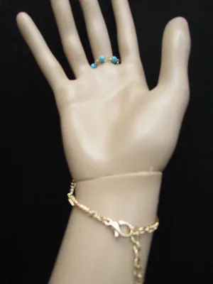 Gold Metal Hand Chain Bracelet 3 Strands Chain Sky Blue Beads