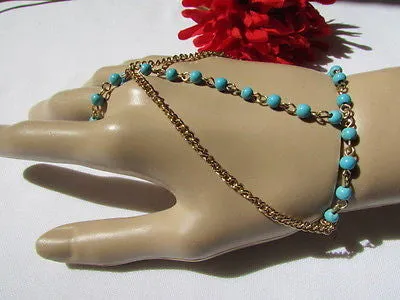 Gold Metal Hand Chain Bracelet 3 Strands Chain Sky Blue Beads