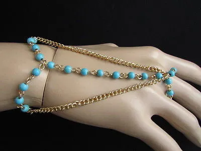 Gold Metal Hand Chain Bracelet 3 Strands Chain Sky Blue Beads