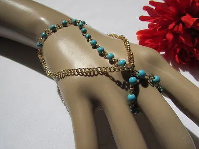 Gold Metal Hand Chain Bracelet 3 Strands Chain Sky Blue Beads