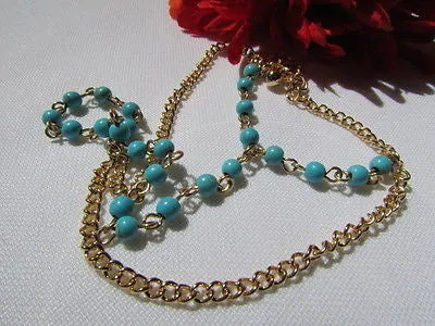 Gold Metal Hand Chain Bracelet 3 Strands Chain Sky Blue Beads