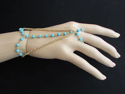 Gold Metal Hand Chain Bracelet 3 Strands Chain Sky Blue Beads
