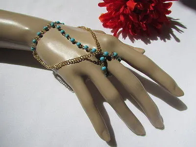 Gold Metal Hand Chain Bracelet 3 Strands Chain Sky Blue Beads