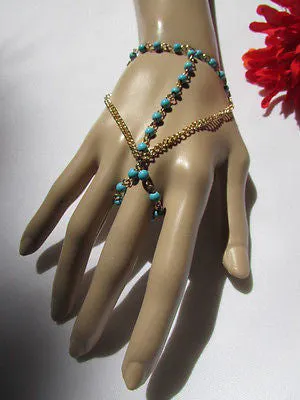 Gold Metal Hand Chain Bracelet 3 Strands Chain Sky Blue Beads