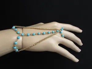 Gold Metal Hand Chain Bracelet 3 Strands Chain Sky Blue Beads