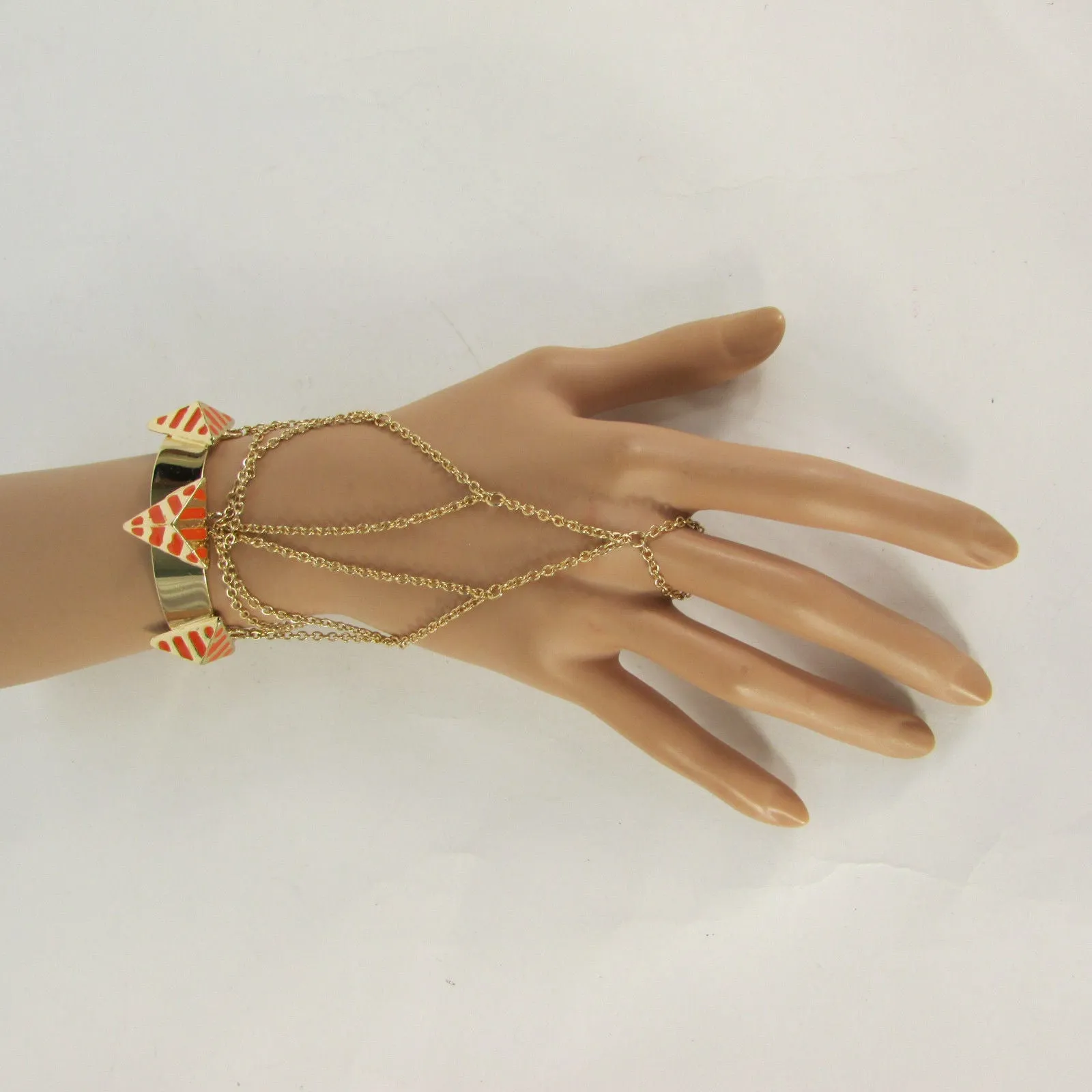 Gold Metal Hand Chain Bracelet Cuff Adjustable Ring Blue Turquoise Blue White Orange Pyramid Style Accessories