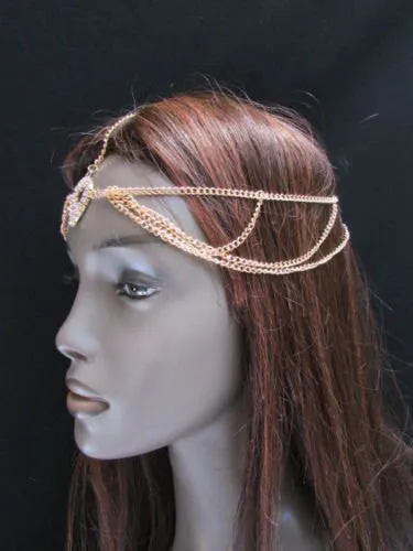Gold Metal Multi Rhinestones Drapes Head Band Forehead