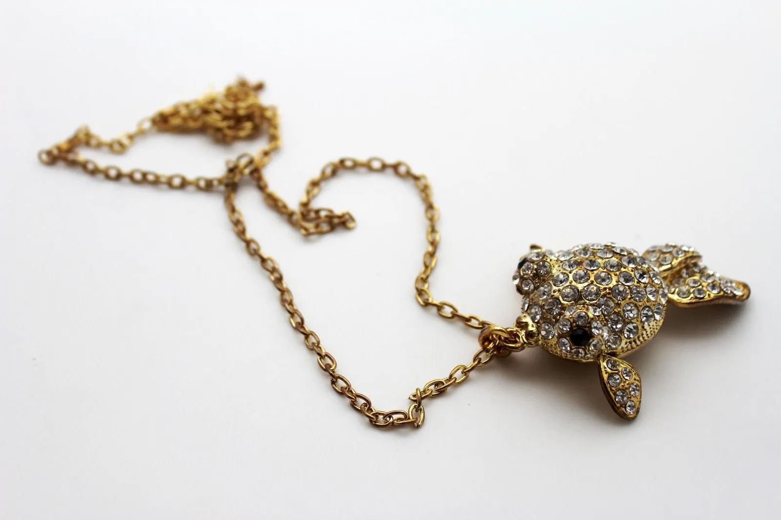 Gold Silver Metal Chains Fish Pendant Charm Rhinestones Long Necklace