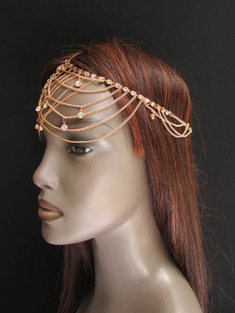 Gold Silver Metal Forehead Head Chain Rhinestones Multi Waves Hair