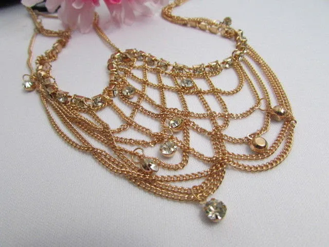Gold Silver Metal Forehead Head Chain Rhinestones Multi Waves Hair