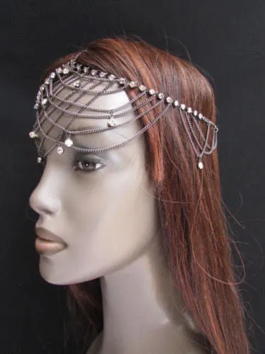 Gold Silver Metal Forehead Head Chain Rhinestones Multi Waves Hair