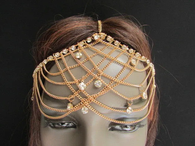 Gold Silver Metal Forehead Head Chain Rhinestones Multi Waves Hair