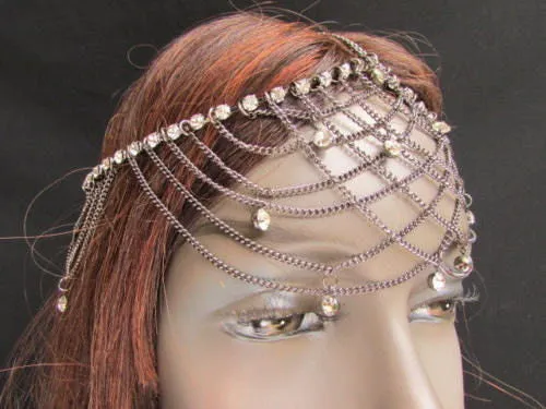 Gold Silver Metal Forehead Head Chain Rhinestones Multi Waves Hair