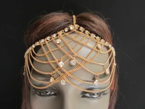 Gold Silver Metal Forehead Head Chain Rhinestones Multi Waves Hair