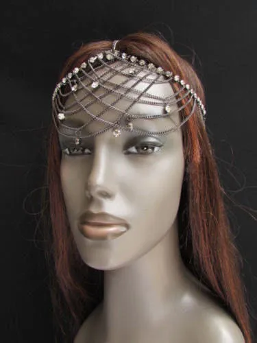Gold Silver Metal Forehead Head Chain Rhinestones Multi Waves Hair
