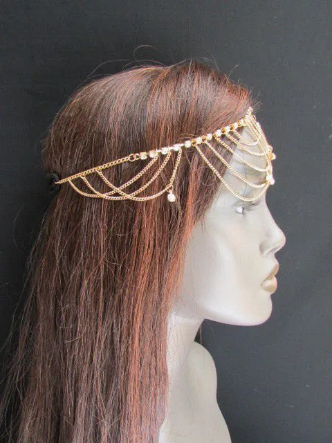 Gold Silver Metal Forehead Head Chain Rhinestones Multi Waves Hair