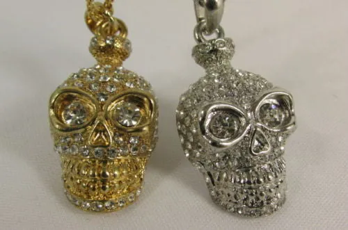 Gold Silver Metal Long Chain Skull Skeleton Head Multi Rhinestones Necklace