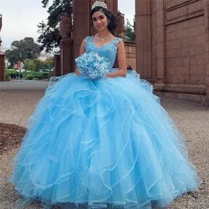 Gorgeous Blue V-neck Appliques Quinceanera Dresses | Layered Beadings Ball Gown     fg2597