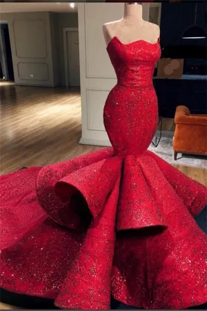 Gorgeous Mermaid Strapless Beadings Prom Party Gowns with Court Train