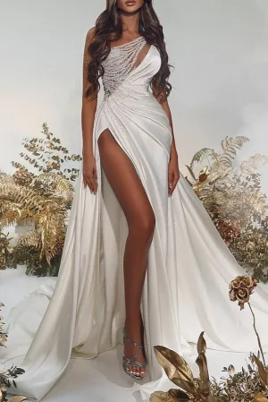 Gorgeous One Shoulder Beading Long Party Dress with High Slit