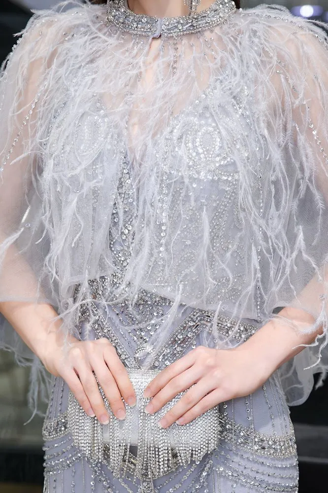 Gorgeous Silver Feather Cape Mermaid Sparkle Prom Party Gowns