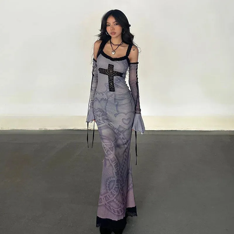 Gothic Fairy Cross Print Lace Stitch Slim Sling Dress