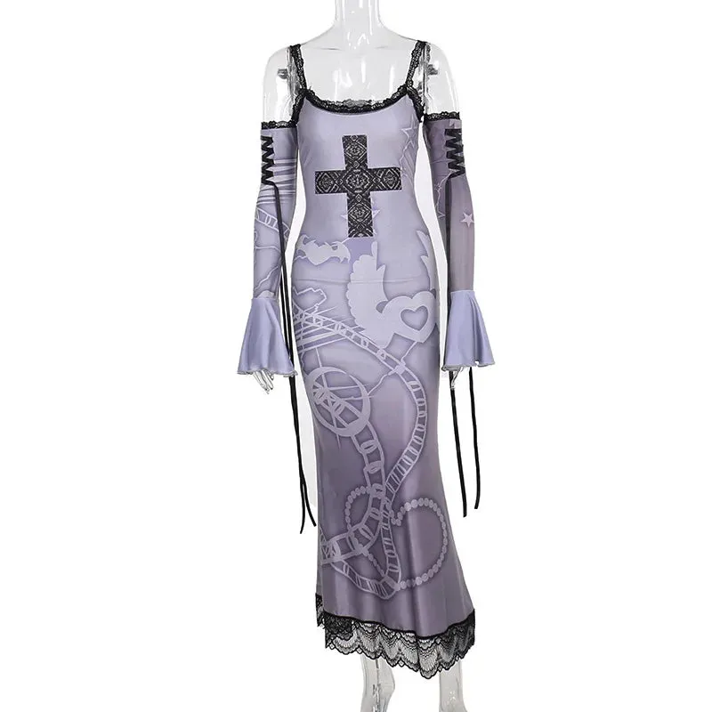 Gothic Fairy Cross Print Lace Stitch Slim Sling Dress