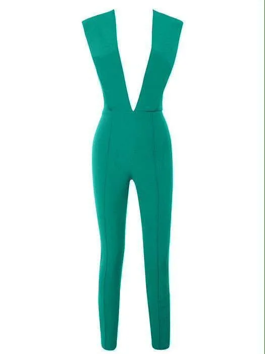 Gray Deep v Fitted Bodycon Jumpsuit Nightclub Women