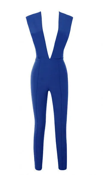 Gray Deep v Fitted Bodycon Jumpsuit Nightclub Women