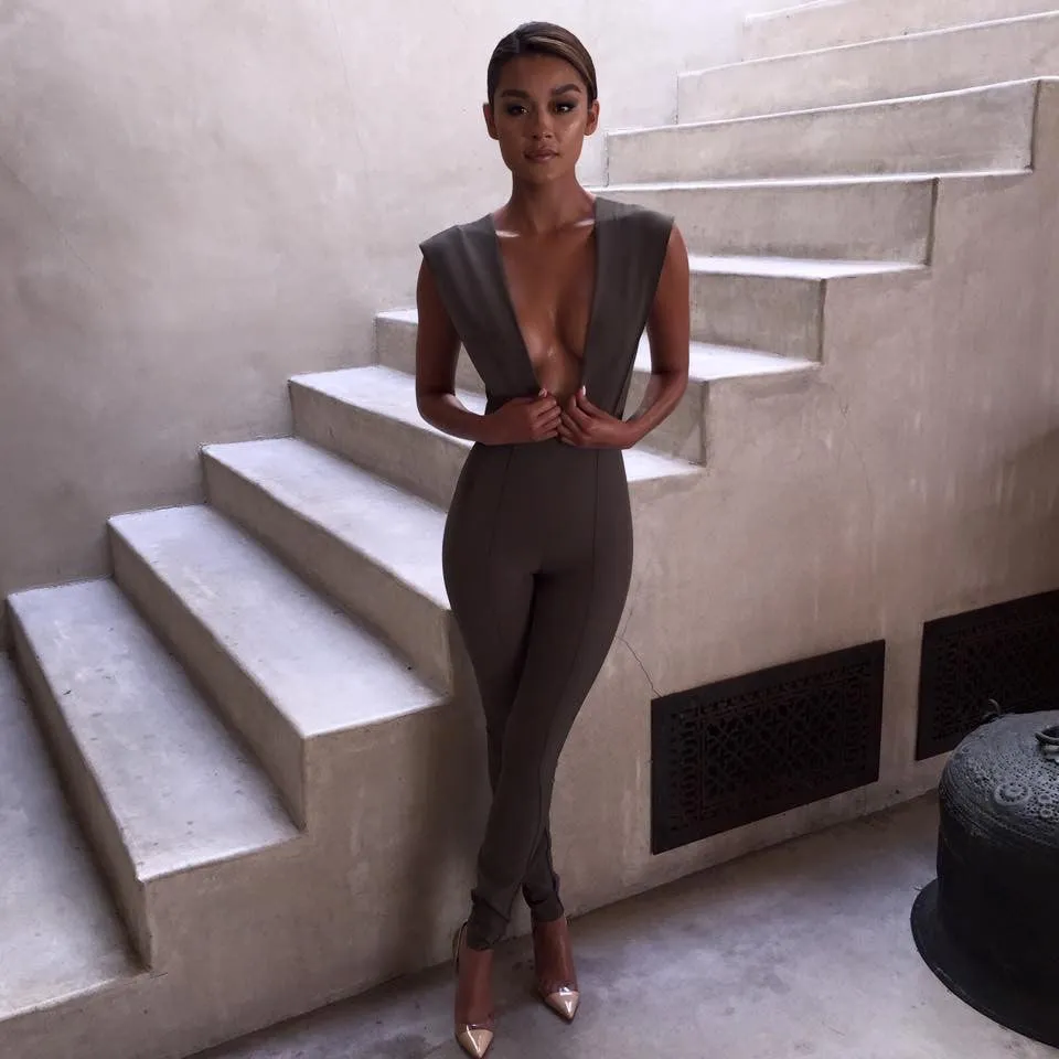 Gray Deep v Fitted Bodycon Jumpsuit Nightclub Women